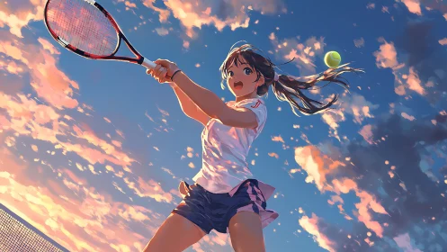 Sunset tennis swing with a joyful, determined anime player.