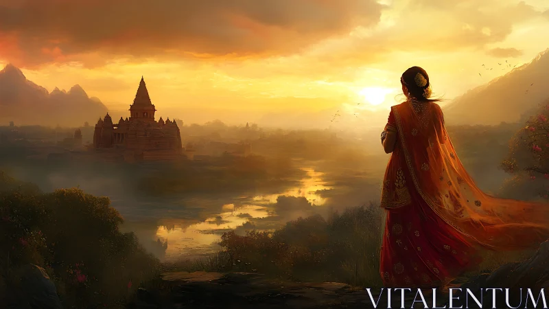 Sunlit temple valley with woman in flowing sari at dusk.