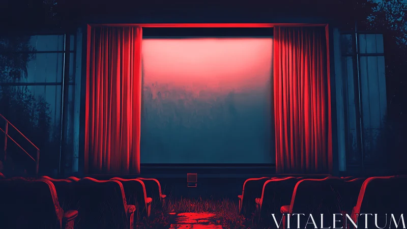 Neon hush over an abandoned twilight cinema screen dream.