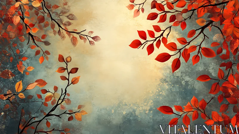 Autumn branches frame a warm, glowing abstract sky