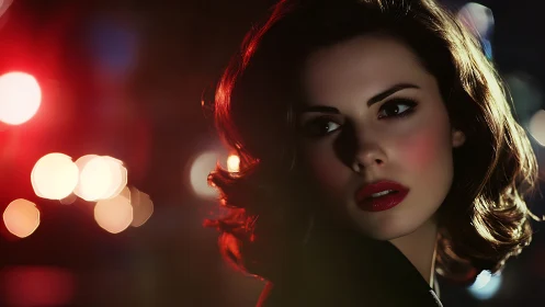 Noir-lit gaze drifts through neon-soaked city midnight.