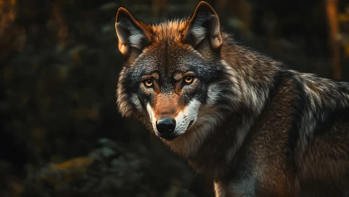 Gray wolf portrait in dim forest environment at dusk.