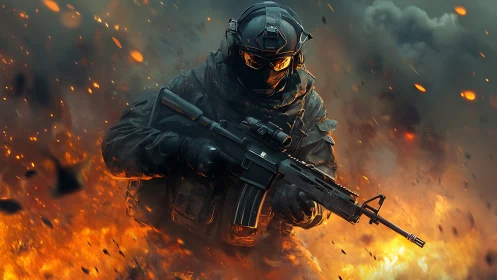 Armored soldier advances through explosive battlefield firestorm.
