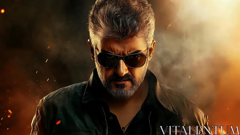 Smoldering antihero strides from embers in molten dusk.