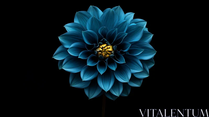 Blue Dahlia Bloom Against Black with Golden Center.