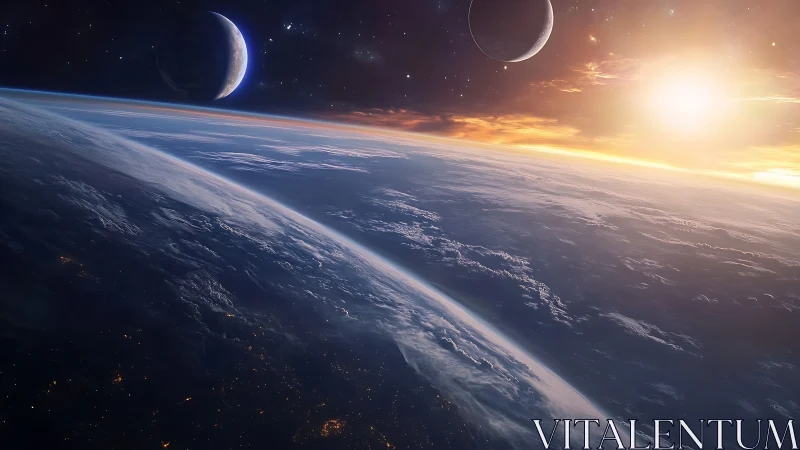 Orbital horizon with dual moons under stellar dawn lightfield.