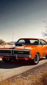 Sunlit orange muscle car poised for a relaxed desert cruise.