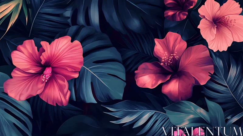 Vibrant Pink Hibiscus Blooms Against Dark Tropical Foliage.