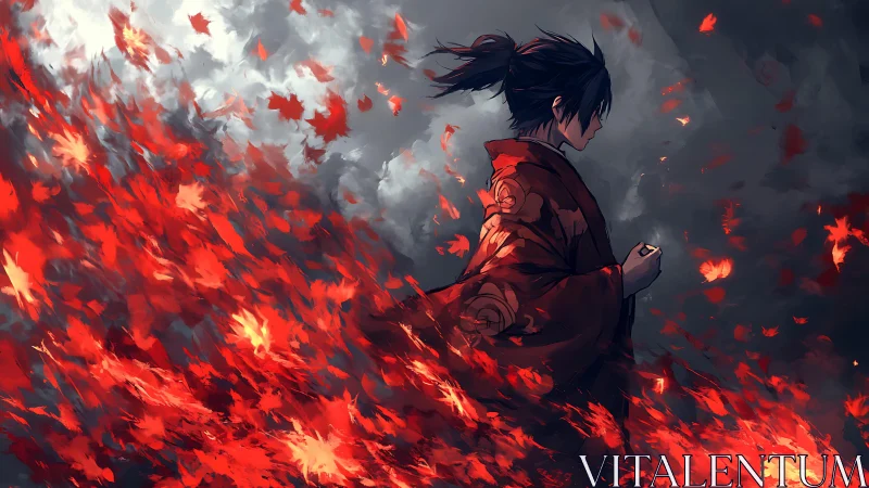 Digital painting of lone warrior amid cascading scarlet leaves.