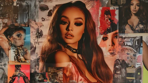 Digital female portrait with layered collage background.