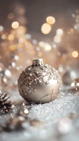 Sparkling silver ornament glowing in soft holiday light.