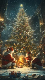 Warm-hearted Santa gathering glows by a magical tree