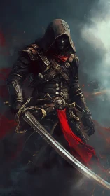 Hooded skeletal warrior in dark armor with red scarf.