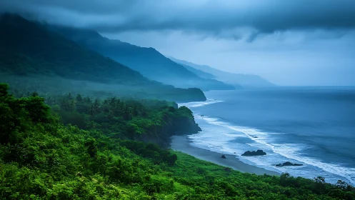 Misty jungle coast and rolling waves at blue hour calm.