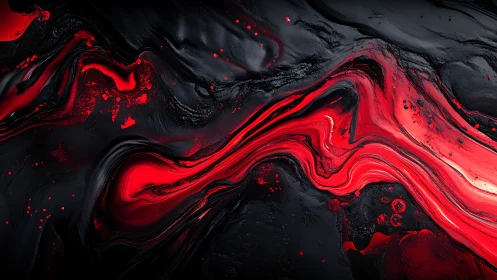 High-contrast red fluid ribbons across textured black field