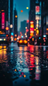 Rainy neon city street with blurred traffic at night.