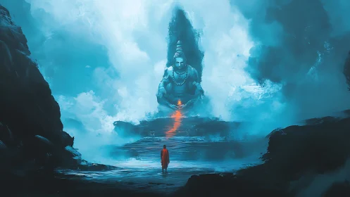 Monk approaches colossal mist-veiled deity along reflective steps