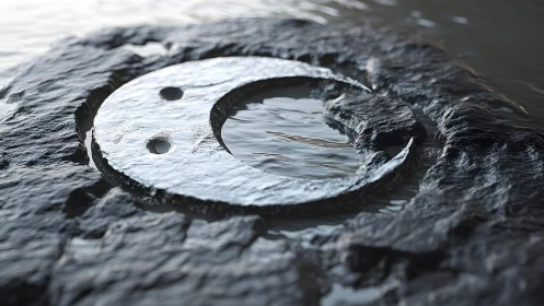 Yin Yang symbol carved in wet stone, realistic natural style.