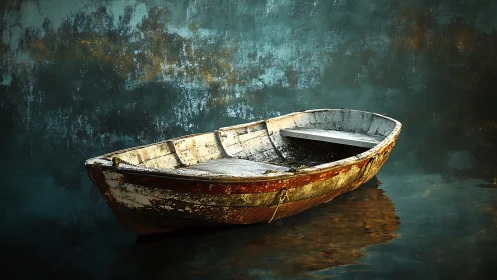 Weathered wooden rowboat on calm reflective water surface.