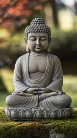 Stone Buddha statue seated in lotus pose outdoors.