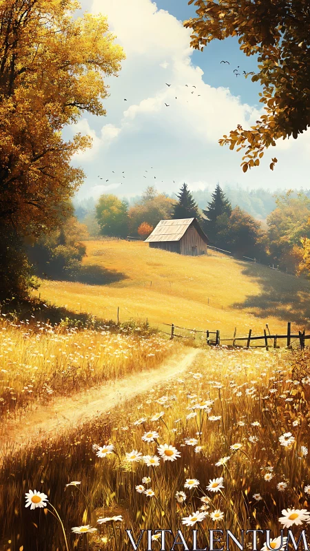 Sunlit daisy lane winding toward a sleepy golden farmhouse.