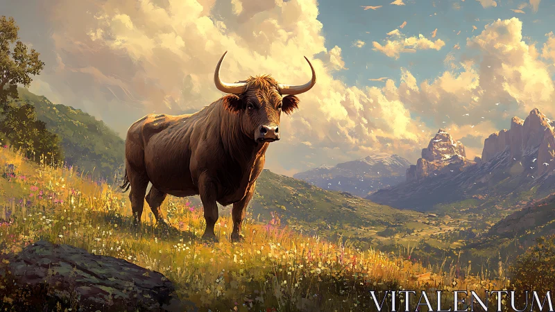 Majestic longhorn bull dominates an alpine meadow under dynamic skies