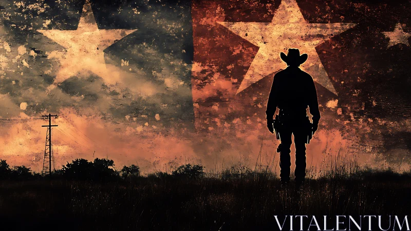 Lone cowboy silhouette under a bold, weathered Texas sky.