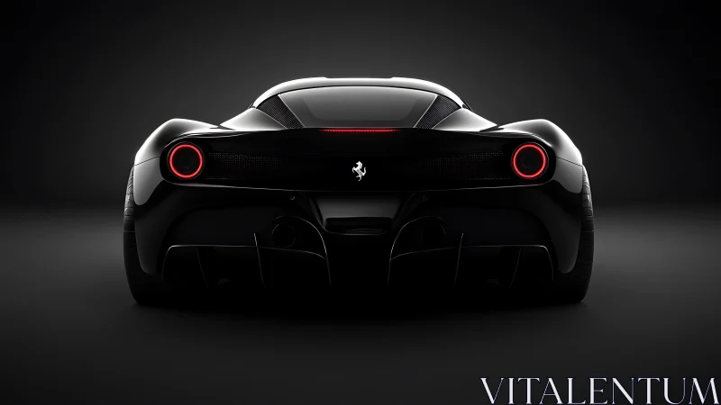 Rear view of black sports car with illuminated circular taillights.