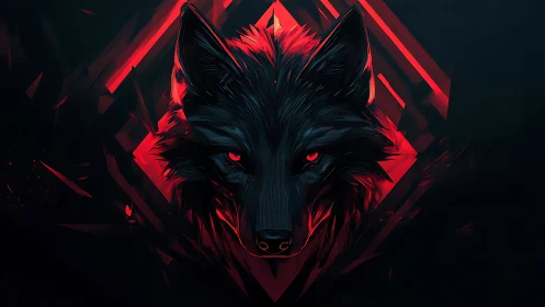 Luminous cyber-wolf portrait with geometric red shards.