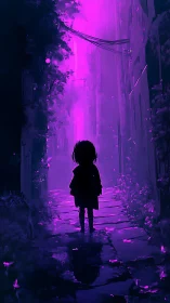 Child silhouette in narrow alley with intense purple light.