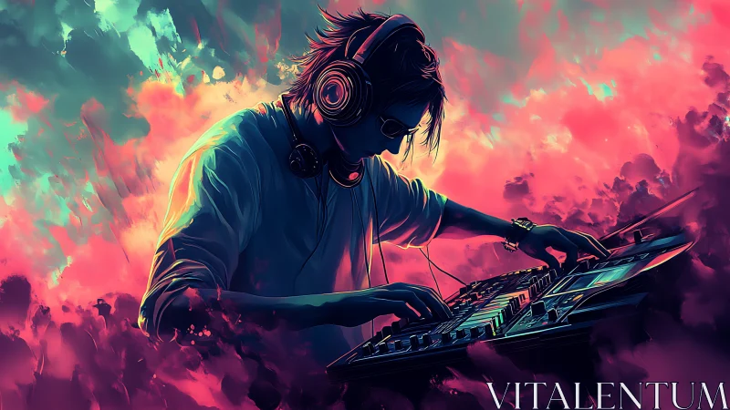 Neon soundscapes surrounding an intense DJ at his console.