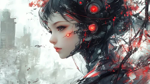 Cybernetic girl gazes over a ruined city in silent resolve