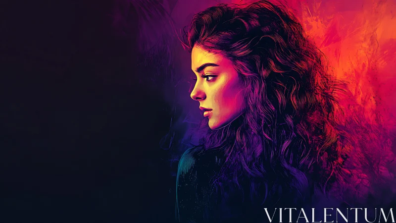 Neon-lit profile of a dreaming woman in molten twilight hues.