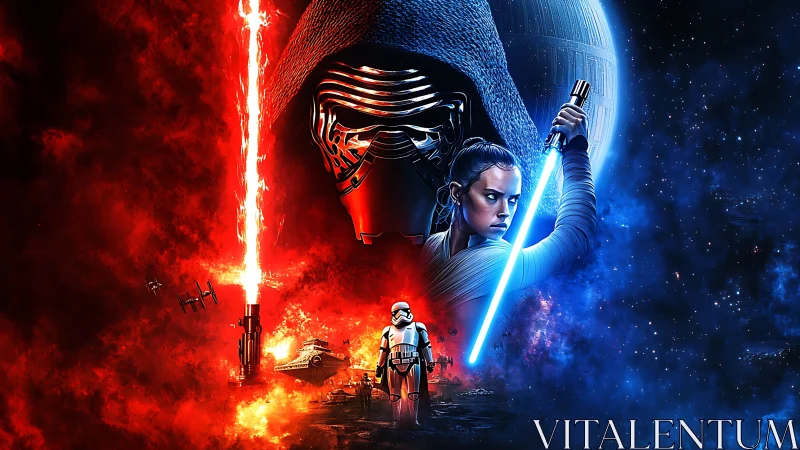 Dual-color sci-fi key art contrasts opposing forces in deep space