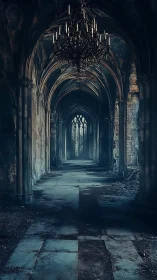 Gothic ruin corridor with decayed arches and chandelier.
