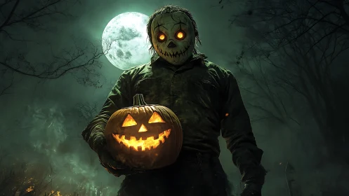 Masked Halloween figure holds glowing jack o lantern under moon