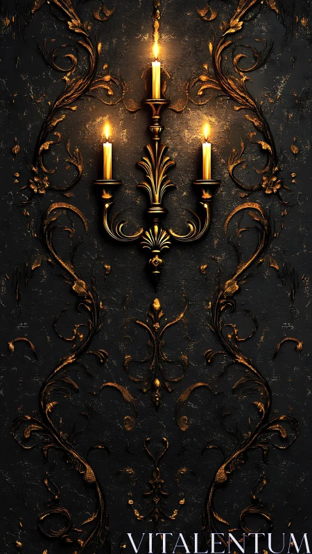 Baroque wall sconce with gilded relief and three lit candles