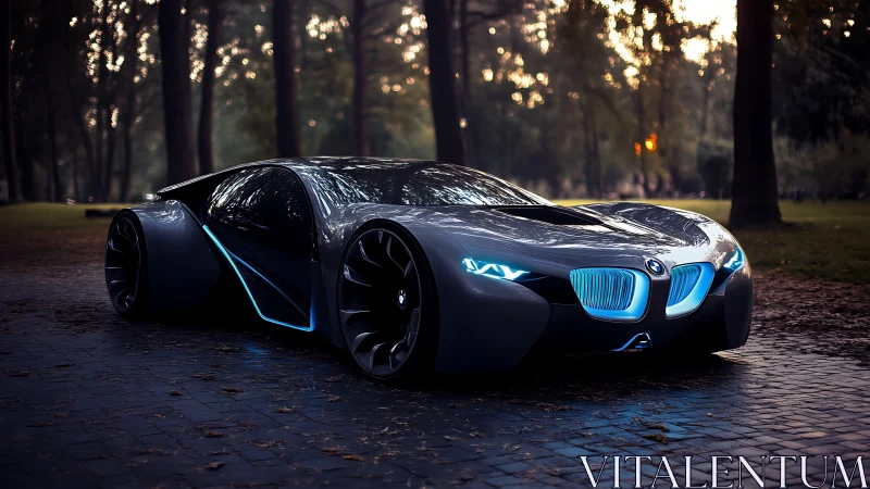 Futuristic concept coupe stands on cobblestone path at dusk