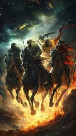 Four spectral horsemen charge through storm and burning sky