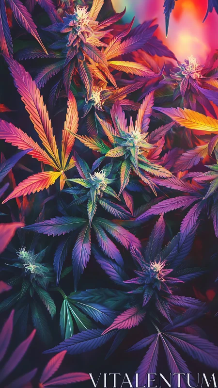 Luminous rainbow leaves in a dreamy neon garden glow.