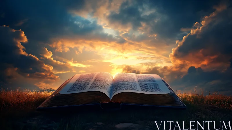Open holy book glows under dramatic sunset skies