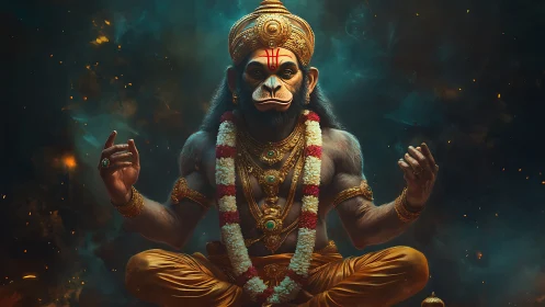 Monkey-headed deity sits cross-legged in ornate golden robes