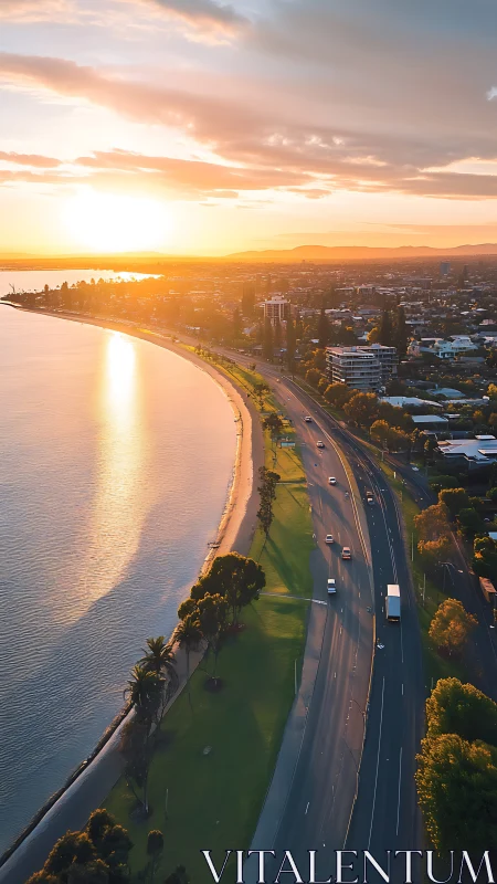 Aerial coastal arterial roadway under low-angle sunset illumination.