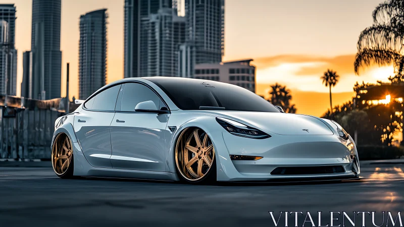 Lowered white Tesla sedan with gold wheels at urban sunset.