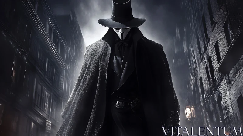 Masked vigilante stalks foggy Victorian alley at night.