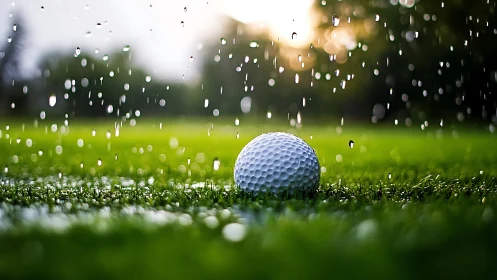 Golf ball rests on wet fairway under falling rain at dusk