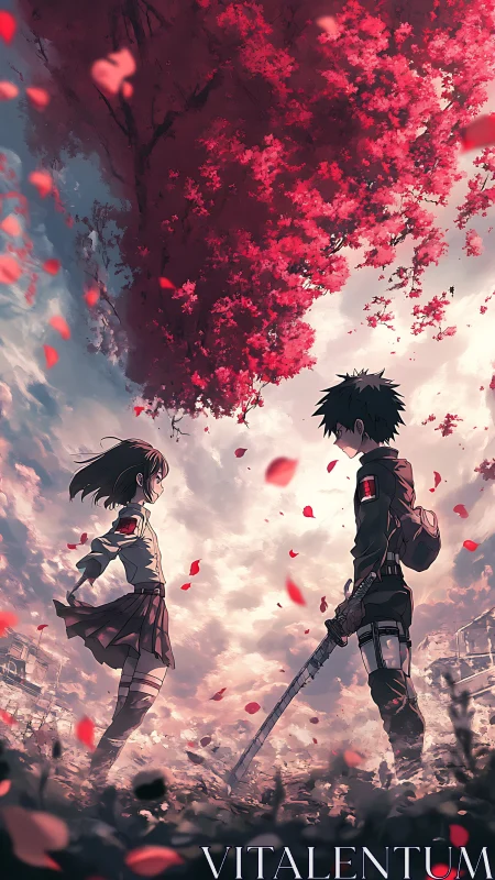 Standoff beneath crimson blossoms in windswept anime field.