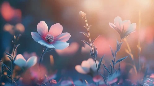 Delicate Flowers Bathed in Golden Hour Sunlight and Bokeh