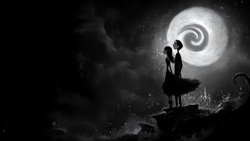 Silhouettes Under Spiral Moon and Glowing Castle.