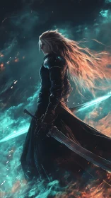 Fantasy warrior profile in luminous elemental battlefield digital painting.